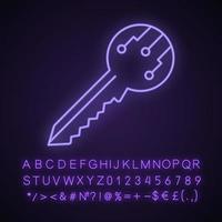 Private digital key neon light icon. Encryption key. Glowing sign with alphabet, numbers and symbols. Vector isolated illustration