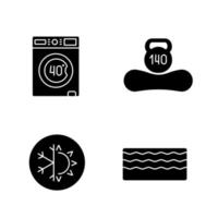 Orthopedic mattress glyph icons set. Machine washable, dual season, memory foam mattress, weight limit up to 140 kg. Silhouette symbols. Vector isolated illustration