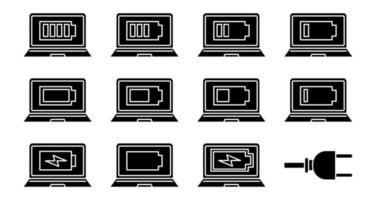 Laptop battery charging glyph icons set. Computer high, low, middle charge. Notebook battery level indicator. Silhouette symbols. Vector isolated illustration