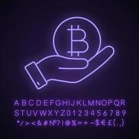 Open hand with bitcoin coin neon light icon. Buying or selling bitcoin. Cryptocurrency. Glowing sign with alphabet, numbers and symbols. Vector isolated illustration
