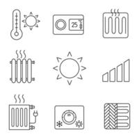 conjunto de iconos lineales de aire acondicionado. verano, termostato, calefacción, radiador, calefactor, sol, nivel de potencia, climatización, suelo radiante. símbolos de línea delgada. ilustraciones vectoriales aisladas. trazo editable vector