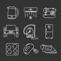 Household appliance chalk icons set. Electric kettle, air conditioner, sewing machine, home theater, vacuum cleaner, fridge, cooktop, mixer, steam iron. Isolated vector chalkboard illustrations