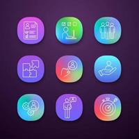 Business management app icons set. Resume, task solving, team, solution, staff hiring button, smart goal, online interview, teamwork, person in hand. UI UX user interface. Vector isolated illustration