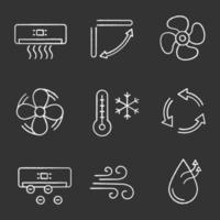 Air conditioning chalk icons set. Air conditioner, louvers, exhaust fan, ventilator, winter temperature, ventilation, ionizer, airflow, humidification. Isolated vector chalkboard illustrations