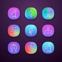 Business management app icons set. UI UX user interface. Chatting, decision, success, partnership, speech, hierarchy, partners, achievement, working hours. Applications. Vector isolated illustrations