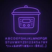 Multi cooker neon light icon. Slow cooker. Crock pot. Pressure multicooker. Kitchen appliance. Glowing sign with alphabet, numbers and symbols. Vector isolated illustration