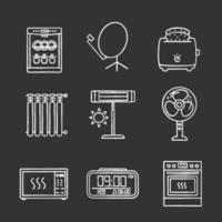 Household appliance chalk icons set. Dishwasher, satellite dish, slice toaster, radiator, infrared heater, floor fan, microwave oven, digital clock, stove. Isolated vector chalkboard illustrations