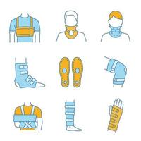 Trauma treatment color icons set. Rib belt, cervical collar, ankle and knee braces, insoles, shoulder immobilizer, shin support, wrist brace. Isolated vector illustrations