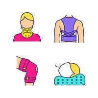Trauma treatment color icons set. Cervical collar, posture corrector, knee brace, orthopedic pillow. Isolated vector illustrations