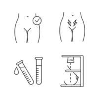 Gynecology linear icons set. Women health, menstrual cramps, laboratory test, mammography. Thin line contour symbols. Isolated vector outline illustrations. Editable stroke