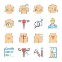 conjunto de iconos de color de ginecología. la salud de la mujer. examen de mama. Trastornos del aparato reproductor femenino. ilustraciones de vectores aislados