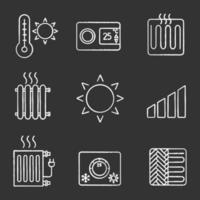 Air conditioning chalk icons set. Summer temperature, thermostat, heating element, radiator, heater, sun, power level, climate control, floor heating. Isolated vector chalkboard illustrations