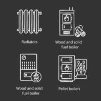 Heating chalk icons set. Radiator, firewood and pellet boiler, solid fuel heater. Isolated vector chalkboard illustrations