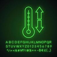 Climate control neon light icon. Temperature regulation. Thermometer with down and up arrows. Glowing sign with alphabet, numbers and symbols. Vector isolated illustration