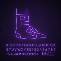 Foot ankle brace neon light icon. Foot orthosis. Leg brace. Adjustable ankle joint bandage. Glowing sign with alphabet, numbers. Joint pain relief, muscle sprain. Vector isolated illustration