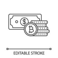 Bitcoin coins stack and dollar banknote linear icon. Cryptocurrency investment. Thin line illustration. Savings. Digital money deposit. Contour symbol. Vector isolated outline drawing. Editable stroke