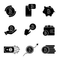 Bitcoin cryptocurrency glyph icons set. Bitcoin exchange, cryptocurrency chat, piggy bank, pay per click, wallet, digital money, market growth, coins stack. Vector isolated illustration