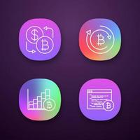 Bitcoin cryptocurrency app icons set. UI UX user interface. Currency exchange, bitcoin refund, market growth chart, mining software. Web or mobile applications. Vector isolated illustrations