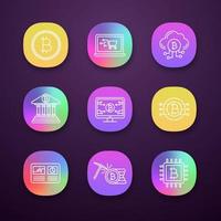 Bitcoin cryptocurrency app icons set. Coin, online shopping, cloud mining, banking, bitcoin webpage, hashrate, CPU mining, cryptocurrency. UI UX user interface. Vector isolated illustrations