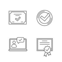 Approve linear icons set. Verification and validation. Chat approved, certificate, check mark. Thin line contour symbols. Isolated vector outline illustrations. Editable stroke