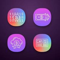 Bitcoin cryptocurrency app icons set. UI UX user interface. Binary code, digital money, cloud mining, hashrate. Web or mobile applications. Vector isolated illustrations