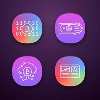 Bitcoin cryptocurrency app icons set. UI UX user interface. Binary code, digital money, cloud mining, hashrate. Web or mobile applications. Vector isolated illustrations