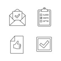 Approve linear icons set. Verification and validation. Task planning, email confirmation, checkbox, approval document. Thin line contour symbols. Isolated vector outline illustrations. Editable stroke