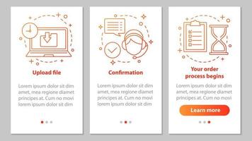 Customer support onboarding mobile app page screen with linear concepts. Upload file, confirmation, order processing. Digital service steps graphic instructions. UX, UI, GUI vector illustrations