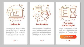 Customer support onboarding mobile app page screen with linear concepts. Upload file, confirmation, order processing. Digital service steps graphic instructions. UX, UI, GUI vector illustrations