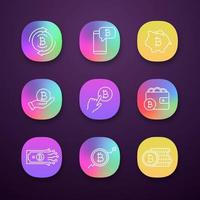 Bitcoin cryptocurrency app icons set. UI UX interface. Bitcoin exchange, cryptocurrency chat, piggy bank, pay per click, wallet, digital money, market growth, coins stack. Vector isolated illustration