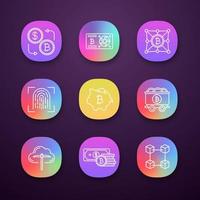 Bitcoin cryptocurrency app icons set. UI UX interface. Currency exchange, graphic card, blockchain, cryptocurrency, savings, mining, mine cart, piggy bank, fingerprint scanning. Vector illustrations