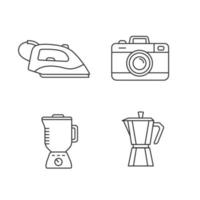Household appliance linear icons set. Steam iron, photo camera, blender, stove top coffee maker. Thin line contour symbols. Isolated vector outline illustrations. Editable stroke