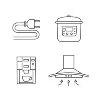 Household appliance linear icons set. Electric plug, multicooker, coffee machine, range hood. Thin line contour symbols. Isolated vector outline illustrations. Editable stroke