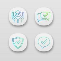 Approve app icons set. Verification and validation. Quality service, approved chat, confirmation dialog, shield with check mark. UI UX user interface. Vector isolated illustrations