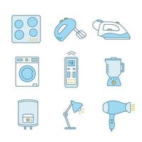Household appliance color icons set. Cooktop, handheld mixer, steam iron, washing machine, remote control, blender, water heater, table lamp, hair dryer. Isolated vector illustrations