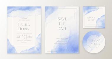 Vintage wedding set template with blue watercolor stain. Wedding invitation, save the date, thank you card. vector