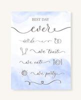 Best day ever. Wedding Timeline menu on wedding day with blue watercolor stain. vector