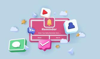 3d reminder illustration notifications page floating vector