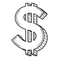 A three-dimensional dollar symbol. American currency. Linear icon, sign. Hand-drawn black and white vector illustration. Isolated on a white background