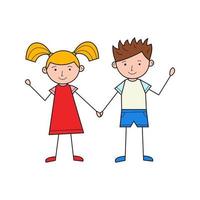 A boy and a girl hold hands. Cute characters. A linear drawing by hand. Colorful simple vector illustration, isolated on a white background.Hand drawn