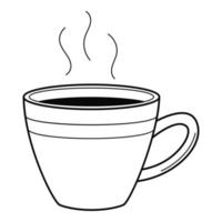 A cup of coffee or tea with steam. A hot drink. Linear icon. Hand-drawn black and white vector illustration. Isolated on a white background