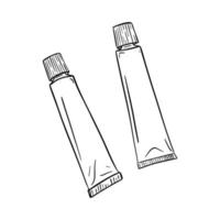 Metal tubes for paint, toothpaste, or glue. Engraving style. Digital drawing. Hand drawn and isolated on white. Black and white vector illustration.