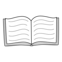 An open book with text. Doodle. Hand-drawn black and white vector illustration. Symbol of study, learning, education, school. Design elements are isolated on a white background