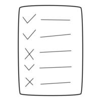 Questionnaire, checklist, to-do list, questionnaire, voting form. A sheet with ticks and crosses. Hand-drawn black and white vector illustration. Isolated on a white background