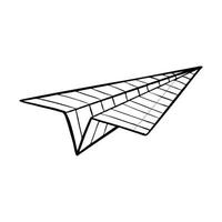 Airplane from a notebook sheet. Origami, paper crafts. Symbol of movement, flight, message, news. School fun.The sketch is hand-drawn. Black-white vector illustration. Isolated on a white background.