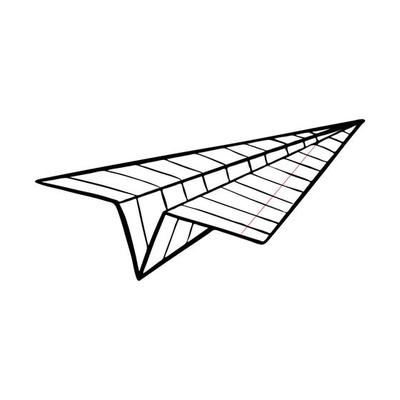 Airplane from a notebook sheet. Origami, paper crafts. Symbol of movement, flight, message, news. School fun.The sketch is hand-drawn. Black-white vector illustration. Isolated on a white background.