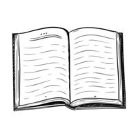 An open hardcover book.The sketch style. Symbol of study, education and literature. Black and white vector illustration. Outline. Hand drawn and isolated on a white background.