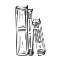 Books in a sketch style. Several books stand vertically next to each other.A symbol of study, literature, and education. Black and white vector illustration. Outline. Hand drawn and isolated on white.