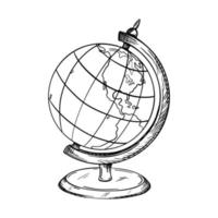 Sketch of a school globe on a stand. The map shows South and North America. Element for the education and study of geography. Hand drawn and isolated on white. Black and white vector illustration