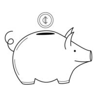 Piggy bank with a coin. A symbol of accumulation, saving money. Hand-drawn black and white vector illustration. Isolated on a white background